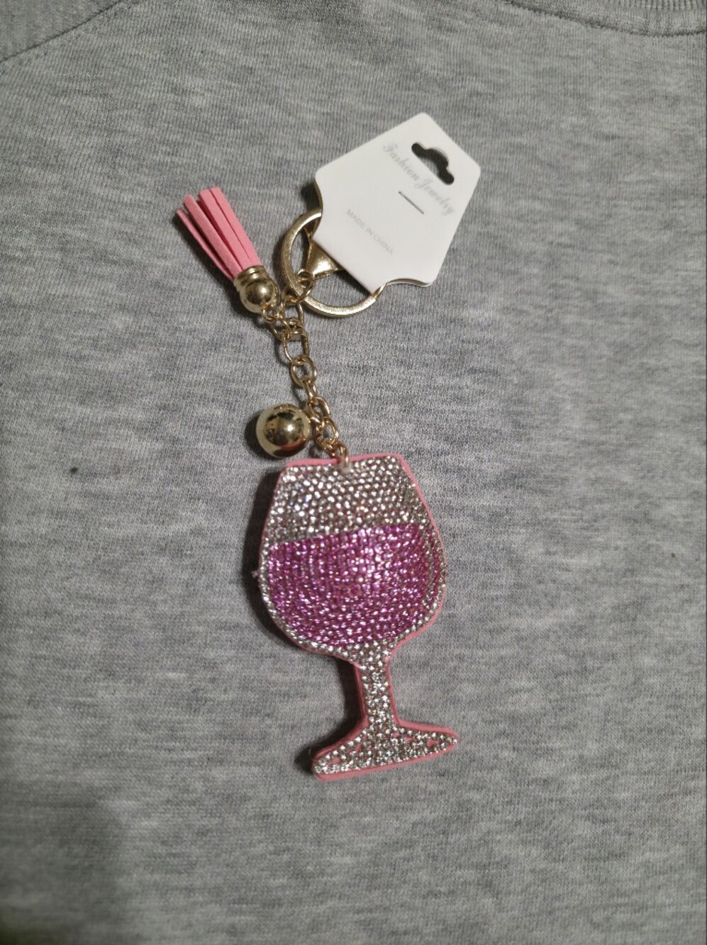 Pink Rhinestone Wine Glass Keychain with Tassel
